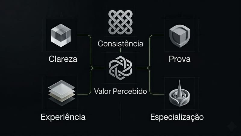 Diagrama premium mostrando os fatores que aumentam valor percebido em uma marca: clareza, prova, consistência, experiência e especialização